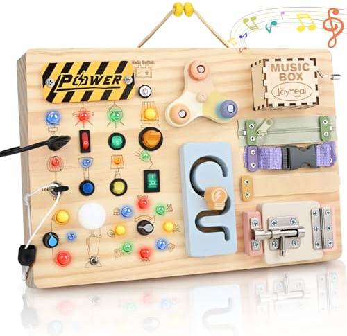 Joyreal Montessori Busy Board 2 in 1 ab 1 Jahr, Holz Motorikspielzeug Sensorik Montessori Spielzeug Mit 20 LED Lichtern 19 Motorik, Geschenk für 1 2 3 Jahre Jungen und Mädchen
