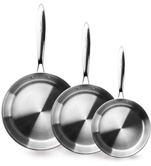 IBILI - Set de 3 Sartenes 20, 24 y 28 cms, tricapa triply Natural, Acero inoxidable, Apto para induccion, sin antiadherente, Juego de 3 sartenes