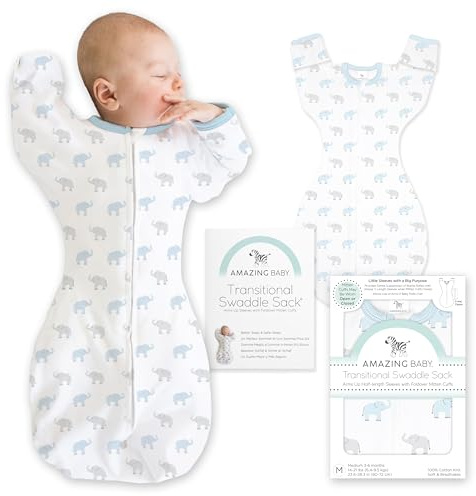 Amazing Baby Transitional Swaddle Sack, Baby Swaddles for Newborn with Arms Up Half-Length Sleeves & Mitten Cuffs, Sleep Sack Wearable Blanket, S (2.7-6.4 kg), 0-3 months, Tiny Elephants, Blue