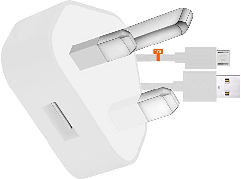 IWIO 3 Pin UK USB Mains Charger Adapter 1000 mAh / 1 AMPwith USB 2.0 Micro USB Sync and Charge Cable 1 Meter compatible with Amazon Fire HD 8 8 Inch - WHITE