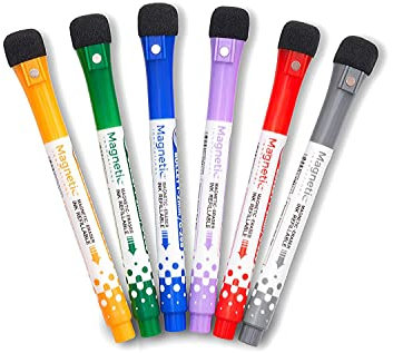 Pack of 6 Fine Point Multi Coloured Magnetic Dry Wipe Whiteboard Pens with Eraser Cap