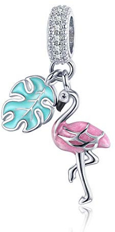 Breloque animal pour bracelets en argent sterling 925 - Feuilles vertes et flamant rose rouge - Breloque oiseau pour bracelet Pandora, Argent Émail Cristal Argenté