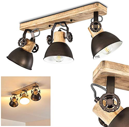 HOFSTEIN Deckenleuchte Orny, verstellbare Deckenlampe aus Metall/Holz in Schwarz/Weiß/Natur, moderne Leuchte im Industrial/Retro/Vintage-Design, 3 x E27, Wohnzimmer, Esszimmer, Schlafzimmer, Küche