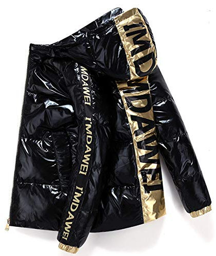 HAIBI Damen Daunenjacke Paar Weiße Ente Daunenjacke Kurz Brief Glänzend Männer Und Frauen Kapuze Dicke Lose Mantel, Schwarz, M(45,55 Kg)