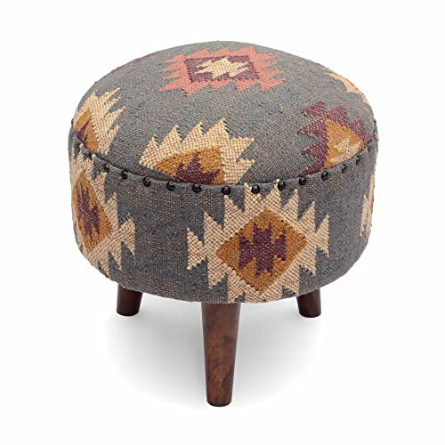 NATURAL FURNISH Handgefertigter Kelim Jute Pouf Ottomanen Holz Sitzhocker für Wohnzimmer Schlafzimmer (Grau)