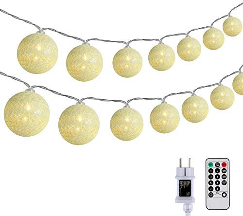 DeepDream Baumwollkugeln Lichterkette, 5M 20 LED Dimmbar Cotton Ball Lichterkette, LED Kugeln Lichterkette Innen mit Fernbedienung und Timer für Kinderzimmer Weihnachten Hochzeit Party (Warmweiß)