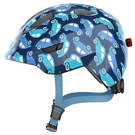 ABUS Kinderhelm Smiley 3.0 LED - Fahrradhelm mit Licht - tiefe Passform & Platz für einen Zopf - für Mädchen und Jungs - Blau mit Auto-Muster, Größe S