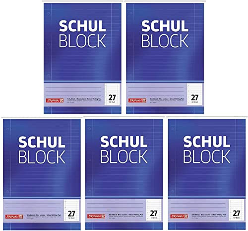 Brunnen 1052527 Schulblock/Notizblock (A4, 50 Blatt, liniert, mit Randlinien, Lineatur 27, gelocht, kopfverleimt, 70 g/m²) (5 Blöcke)