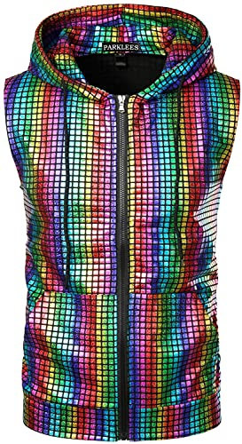 PARKLEES Herren Hipster Metallic Pailletten Reißverschluss Ärmellos Kapuzenweste T-Shirt mit Kängurutasche, Sv17, mehrfarbig, M