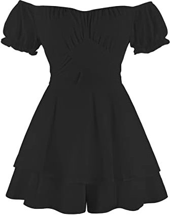 Women Boho Romper Off Shoulder Ruffle Chiffon Shorts Mini Dress Floral Print One Piece Casual Strapless Jumpsuit Double Layer Ruffle Hem Playsuits Beach Summer Dresses Overall Outfit Black X-Large