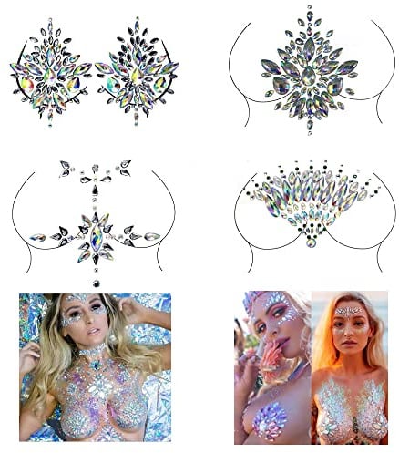 FEIFEI'S BOW Women Kids 4 Sheets breast body neck Nipple Crystal Glitter Rhinestone Diamond Stickers Art Designs Self Adhesive Gem Festival Makeup Temporary Tattoos for Rave Festival Party (Set 01)