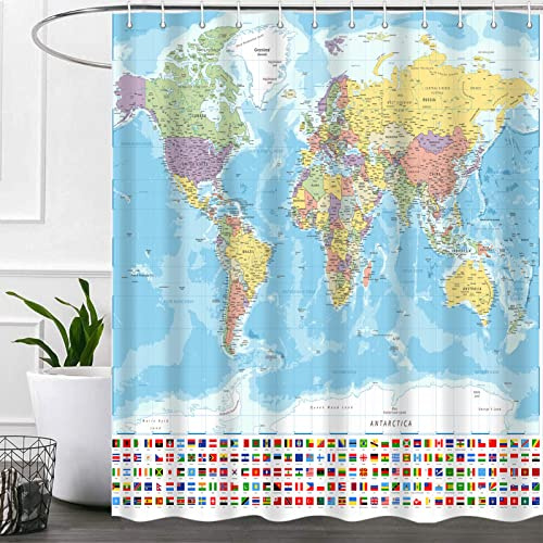 iTapnoom Duschvorhang mit Weltkarte, Weltkarte mit nationalem Bildungsstoff, Duschvorhang-Set für Badezimmer, Jungen, Mädchen, Kinder, Landkarte, Baddekoration mit Haken, 183 x 183 cm
