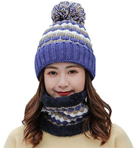 Disimlarl Damen Winter Warm Beanie Fuzzy Mütze + Knit Neck Scarf Suit, blau, One size