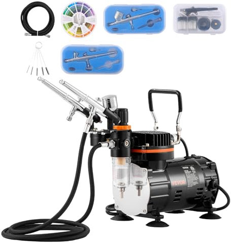 VEVOR System Kit with Multi-Purpose Dual-Action Gravity Feed Airbrushes, Black