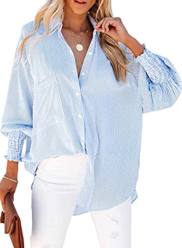 Womens Button Down Blouse Striped Smocked Cuffed Boyfriend Shirt