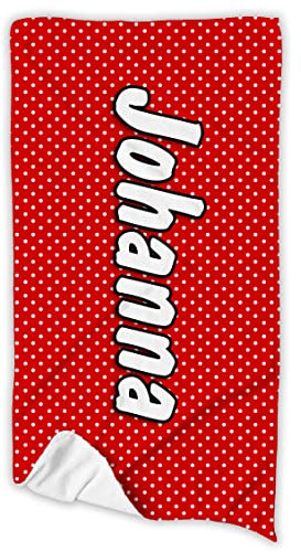 Unikatolo Badetuch rot weiß gepunktet mit Name personalisiert 100 x 180 cm | XL Strandtuch individuelle Geschenke Frauen Mädchen Geburtstag Muster Deko