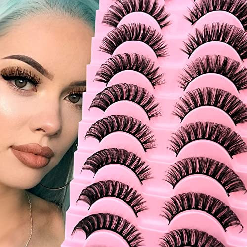 10 Paare 3D Künstliche Wimpern Russische Falsche Wimpern Natürlicher Look, Curly Cat Eye Lashes D Curl Falsche Wimpern mit Natürlichem Wispy-Volumen Katzenauge Wimpern(22)