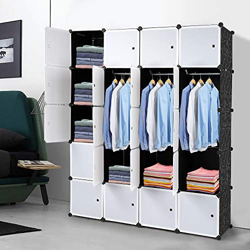 LEADZM Regalsystem, 20 Würfel, Kunststoff-Kleiderschrank mit Türen, Modulares Schranksystem zur platzsparenden Aufbewahrung, 140 x 45 x 175 cm, Weiß Tür & Schwarz