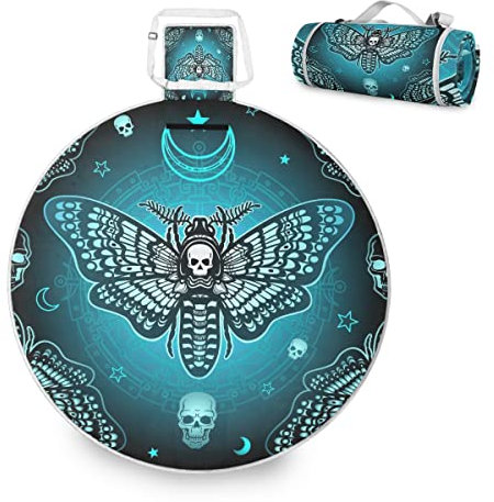 ALAZA Runde wasserdichte Picknickdecke, Schmetterling-Totenkopf, blau, tragbar, faltbar, für drinnen und draußen, Matte für Reisen, Wandern, Camping, Park, 148 cm