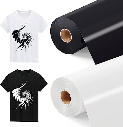 Bocguy [10M + 10M] Rouleau Vinyle Thermocollant Noir et Blanc, 2 Rouleaux 30,5 CM x 10 M Flex Thermocollant Rouleau, Flex Thermocollant pour Tissus, Cricut et Découpe Silhouette | Blanc + Noir