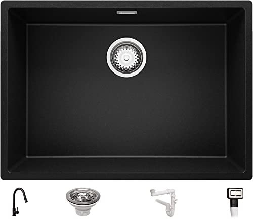 PRIMAGRAN Fregadero Granito Negro 66x47cm, Cocina 1 Seno + Grifo 40x20cm + Sifón, Sobre encimera al mueble 70cm - London Slim