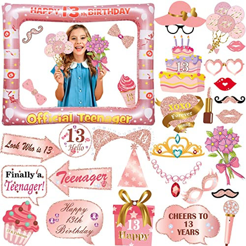 LMSHOWOWO 33PCS Glitter 13th Birthday Photo Booth Props, Rose Gold Inflatable Photo Booth Frame, Giant Party Selfie Frame, Funny Selfie Props, for 13th Birthday Decorations Gifts Girls Boys