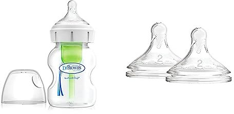 Dr. Brown's Options+ Anti-Colic Baby Bottle, 150ml Wide Neck,1 pack & Options+ Wide-Neck Bottle Teat Level 2 (3m+), Pack of 2