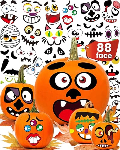 Greingways Halloween Pumpkin Stickers, Make 88 Funny Face Pumpkin Decorating Kit for Party Decorations, Pumpkins Painting Kit Halloween Crafts Gifts Games for Kids