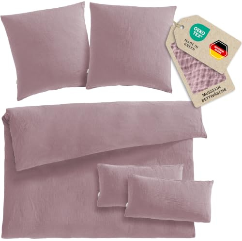 Pure Label Musselin Bettwäsche 5tlg 200x200+2x80x80+2x40x80 Mauve