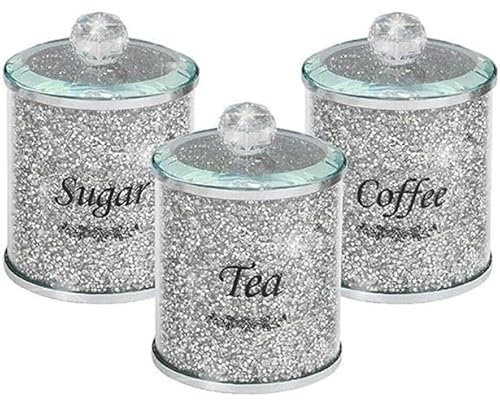 BML Diamond Crushed Tea Coffee Sugar Canisters Jars Kitchen Sparkle Kitchenware Storage Silver Trimmings Crystal Modern Containers Filled Black Writing