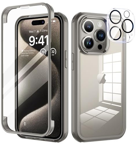 seacosmo Funda para iPhone 15 Pro, [9H HD] Integrada Cristal Templado Pantalla y Protector de Cámara 360° Antigolpes Case Rugged Doble Protección Carcasa para iPhone 15 Pro, Gris