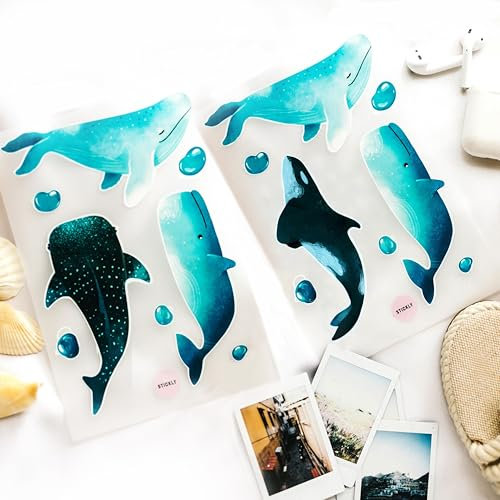 Stickly Bügelbilder Wale Meerestiere Set für Textilien, 2 Bögen DIN A5 zum Aufbügeln | Deko Stoffreparatur von T-Shirts, Jeans, Hoodies | Patches groß klein für Kinder Babys