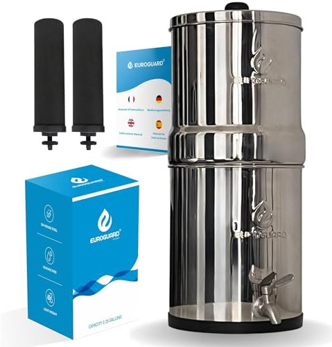 EUROGUARD® Filtre à gravité - Système de filtration d'eau en acier inoxydable 304, 8,5 L, 2 filtres à charbon actif, robinet 100% inox (Sans support)
