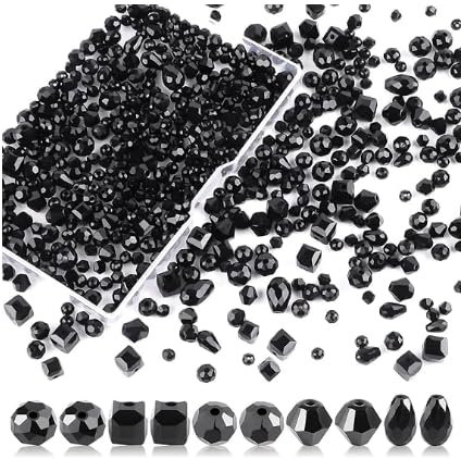 Wekuw 600 Piezas Cuentas de Cristal (Negro 4/6/8 mm) Purpurina Manualidades Cuentas de Cristal para Hacer Bolsos Bolas Pulseras Vidrio Adecuado para Collares, Pulseras, Joyería Artesanal DIY