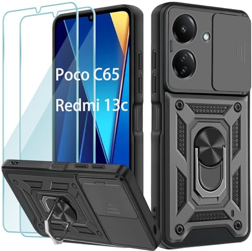 Yohii Funda para Xiaomi Redmi 13C/13 C/Funda Poco c65, con 2 Piezas Vidrio Templado, Armor Carcasa Cubierta De Cámara Deslizante, 360 Anillo Soporte PC y Silicona TPU Bumper Antigolpes Case, Negro
