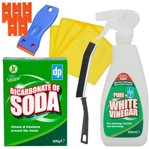 White Vinegar Spray Bundle with White Vinegar Cleaning Spray 500ml and Bicarbonate of Soda for Cleaning 500g | 1x Crevice Cleaning Brush and 1x Microfibre Cleaning Cloth with Glameno Plastic Scraper I