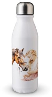 MAXIKIWI - Single Wall Water Drinking Bottle with Screw Cap, Non Insulated Lightweight Aluminium, BPA Free, Leak-Proof - White Girl Petting Horse watercolor - 500ml