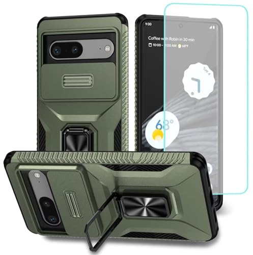 Wanyuexes Case for Pixel 7A Case, Pixel 7A G0DZQ Case with Tempered Glass Screen Protector and Slide Camera Cover, Rotated Ring Car Mount Holder Shockproof Cover for Google Pixel 7A Green