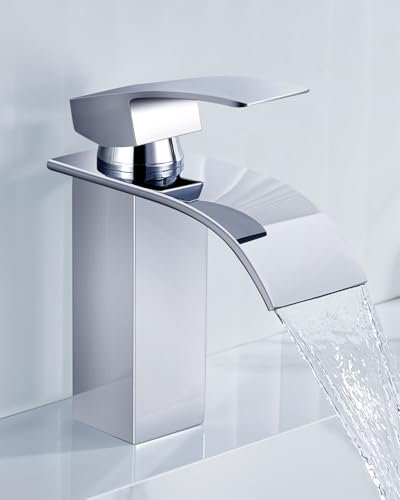 ANYCEE Rubinetto Bagno Lavabo a Cascata, Miscelatore Lavabo Bagno con Altezza Bocca 8,5cm, Miscelatore Lavabo a Cascata con Acqua Calda e Fredda