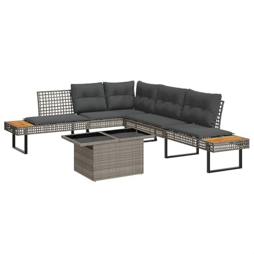 vidaXL Garten Sofa Garnitur 2-TLG., Gartenmöbel Set mit Kissen, Lounge Sitzgruppe für Garten Terrasse, Gartentisch Verstellbare Tischplatte, Grau Poly Rattan Glas