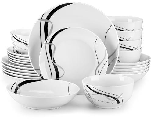 VEWEET FIONA 24-teiliges Geschirrset 6 Personen, Porzellan Geschirr Set - Schüssel- und Teller Set, Tafelservice Kombiservice mit je 6 Speiseteller, Dessertteller, Suppenteller und Müslischalen