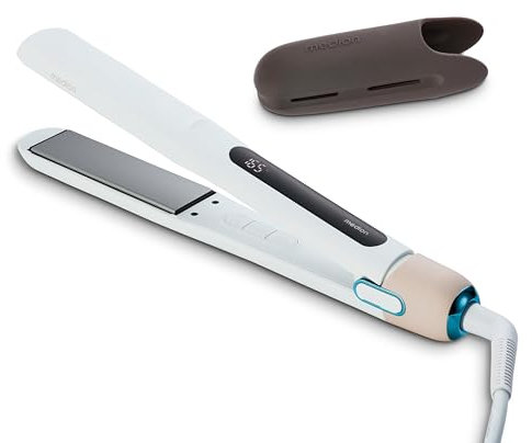 MEDION HS1 Plancha de pelo con pantalla (5 posiciones de calor ajustables, placas flexibles de cerámica/turmalina con sensor de temperatura, plancha de pelo) blanco