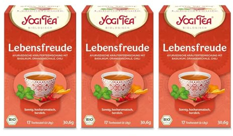 Yogi Tea Lebensfreude, 3x17 Beutel (51 Teebeutel) | Ayurvedischer Gewürz- und Kräutertee, von Natur aus koffeinfrei, Mischung aus Basilikum, Orangenschalen und Chili
