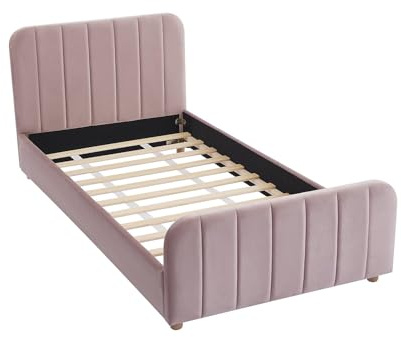 Vente-unique - Lit 90 x 190 cm - Velours avec Coutures Verticales - Rose - ROGADI - pour Enfant