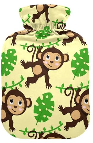 Wärmflasche mit Bezug, Affe Palmblatt 2L Auslaufsicher Wärmbeutel für Hand Füße Wärmer Nacken Schulter Rücken Muskel Schmerzlinderung Kaltkompresse