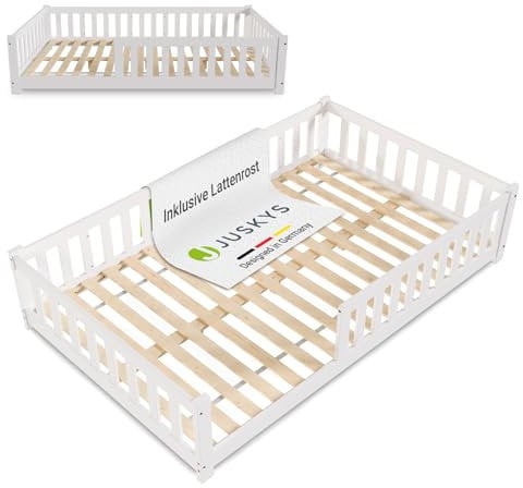 Juskys Kinderbett Naya - 120x200 cm Bett mit Rausfallschutz & Lattenrost - Holz Bodenbett für Kinder 3-10 Jahre - modernes Bettgestell Weiß