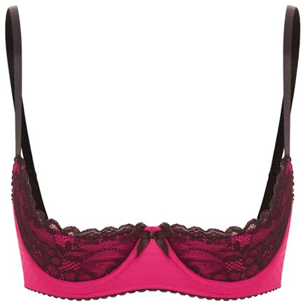 Raenseen Womens Open Chest Bra Adjustable Spaghetti Straps Underwire Lace Push Up Balconette Bras Hot Pink S