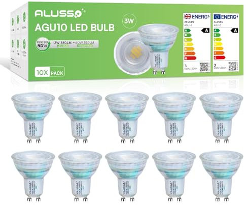 ALUSSO Klasse A GU10 LED Warmweiss Lampe, 3W 550LM 2700K Glühbirne, Spot GU10 Energiesparlampe 60W Halogenlampe Ersetzt, Abstrahlwinkel 120° LED Leuchtmitte, Nicht Dimmbar Birne, 10 Stück