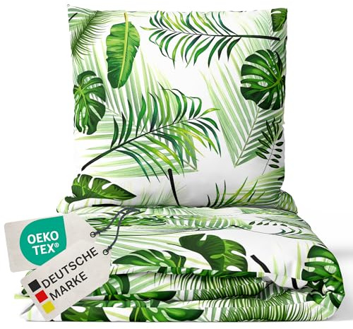 NYVI Bettwäsche Set DreamScience Mikrofaser Design 135x200 + 80x80 cm Leaves - Atmungsaktiv & Weich - Mit Reißverschluss, Oeko-TEX Zertifiziert, für Allergiker geeignet