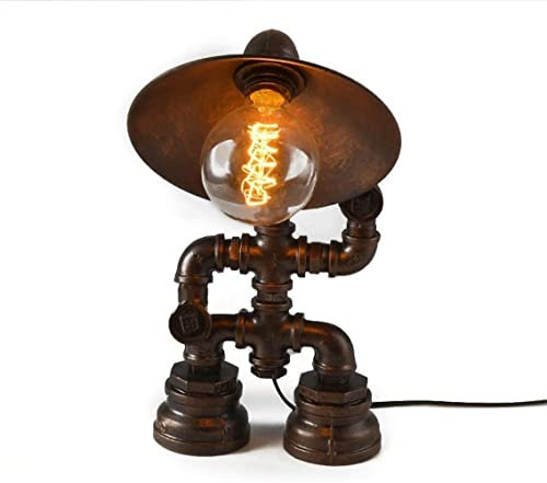 Industrial Style Vintage Robot Steampunk Desk Lamp with Iron Water Pipes for Bedside Office Decor (Bulb Not Included)